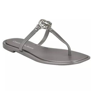 New Calvin Klein T Strap Jelly Flat Sandals Silver Sz 10 M